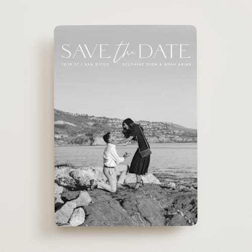 This is a moonstone save the date with standard by Olivia Raufman called breathtaking printing on recycled smooth signature in standard