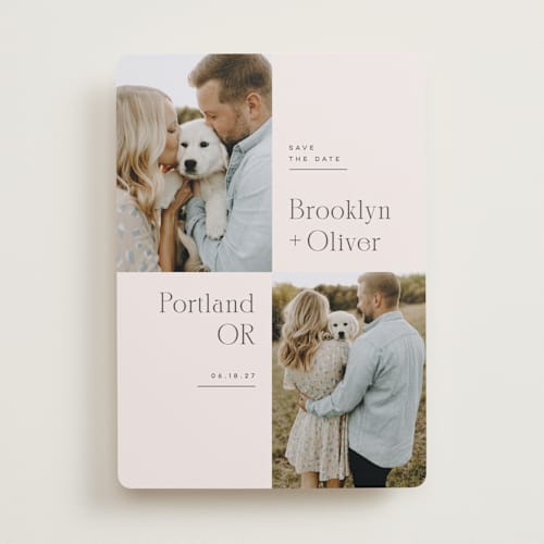 This is a latte save the date with standard by Kristie Kern called portland printing on recycled smooth signature in standard