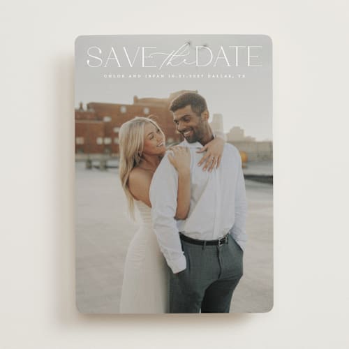 This is a ivory save the date with standard by Maja Cunningham called prose printing on recycled smooth signature in standard
