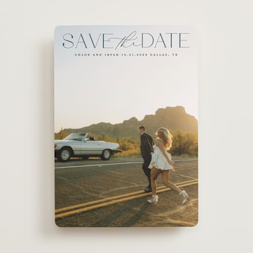 This is a sky save the date with standard by Maja Cunningham called prose printing on recycled smooth signature in standard