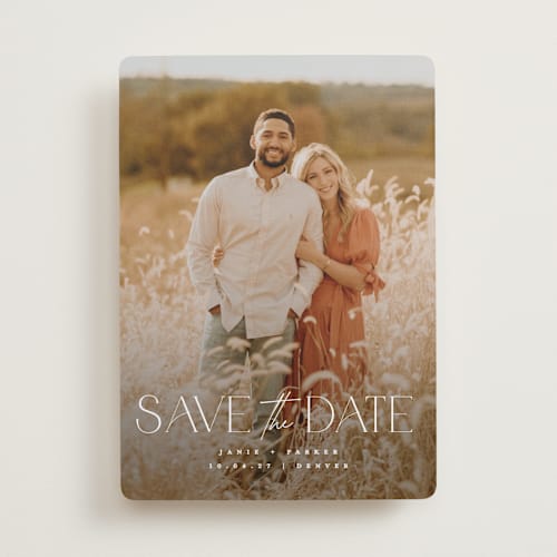 This is a pearl save the date with standard by Jessica Corliss called simple elegance printing on recycled smooth signature in standard