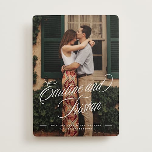 This is a cotton save the date with standard by Susan Zinader called sentimental script printing on recycled smooth signature in standard