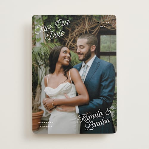 This is a cloud save the date with standard by Hooray Creative called all four corners printing on recycled smooth signature in standard