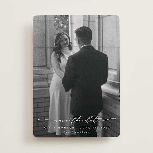 This is a snow save the date with standard by Nicoletta Savod called for forever printing on recycled smooth signature in standard