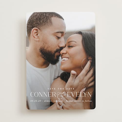 This is a pearl save the date with standard by Brooke Chandler called simple name printing on recycled smooth signature in standard