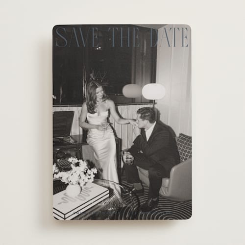 This is a night save the date with standard by Maja Cunningham called classic timeless printing on recycled smooth signature in standard