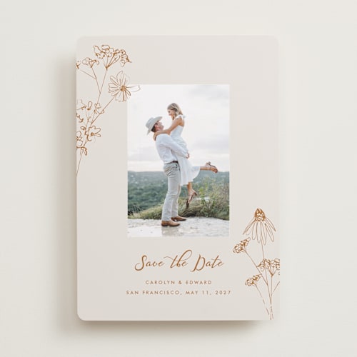 This is a butternut squash save the date with standard by Baumbirdy called sketched florals printing on recycled smooth signature in standard