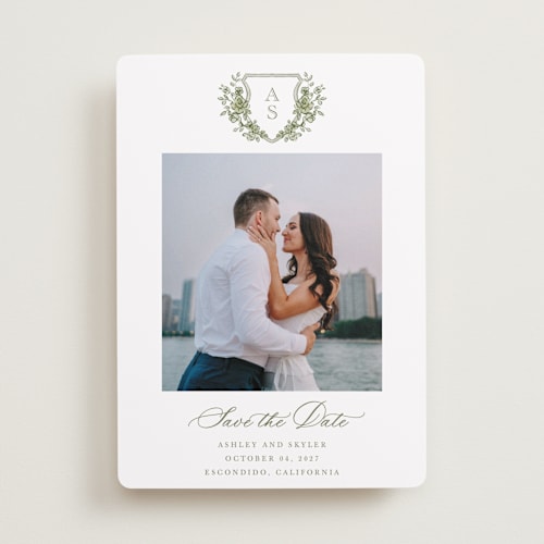 This is a moss save the date with standard by Cass Loh called watercolor flowers crest printing on recycled smooth signature in standard