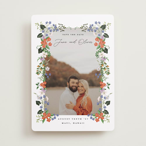 This is a lotus save the date with standard by Sarah Knight called tropicana printing on recycled smooth signature in standard