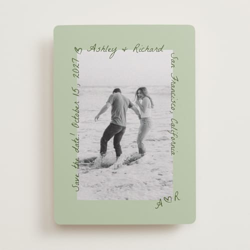 This is a quill save the date with standard by Claudia Orengo called showered printing on recycled smooth signature in standard