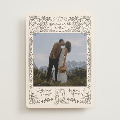 This is a leather save the date with standard by Jenna Holcomb called jackson hole printing on recycled smooth signature in standard