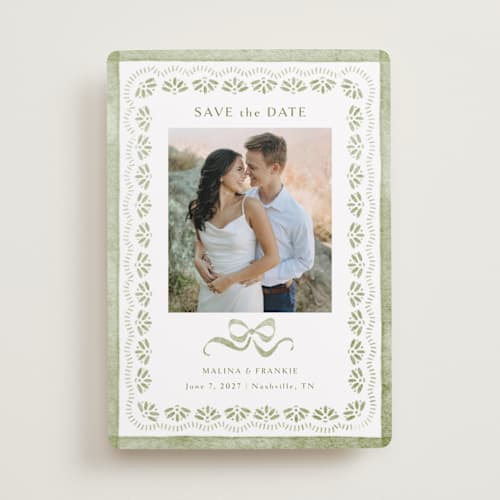 This is a sage save the date with standard by Melanie Kosuge called charming printing on recycled smooth signature in standard