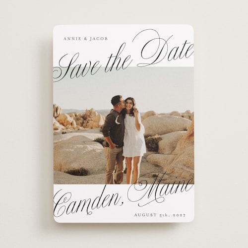 This is a snow save the date with standard by Katharine Watson called bold script frame printing on recycled smooth signature in standard