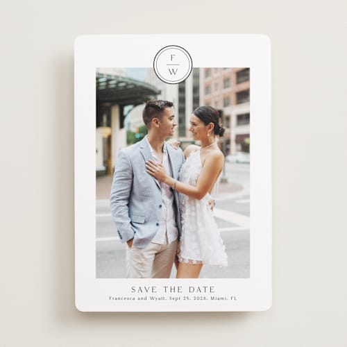 This is a cotton save the date with standard by Stacey Meacham called circle monogram printing on recycled smooth signature in standard