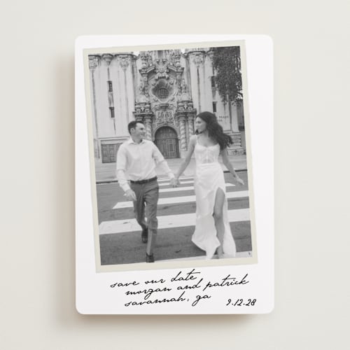 This is a ivory save the date with standard by Maja Cunningham called venecia printing on recycled smooth signature in standard