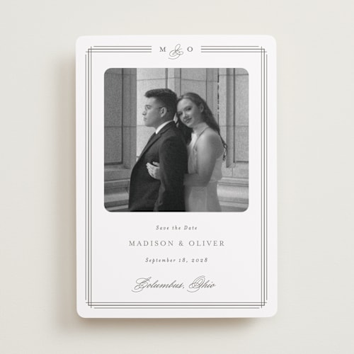 This is a cobblestone save the date with standard by Emily Betts called lines printing on recycled smooth signature in standard
