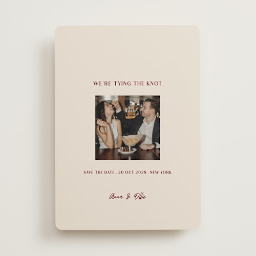 This is a burgundy save the date with standard by Ani Somi called center cut printing on recycled smooth signature in standard