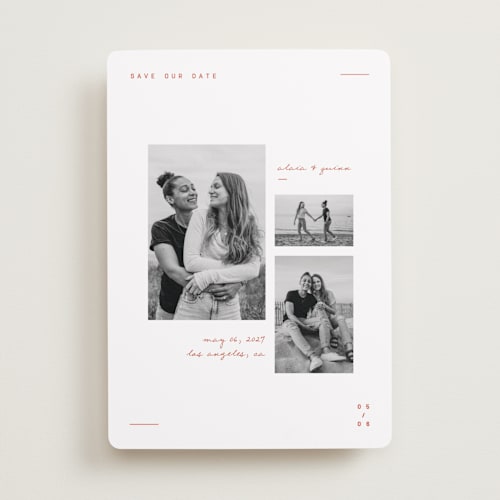 This is a verona sunset save the date with standard by Blustery August called alaia printing on recycled smooth signature in standard