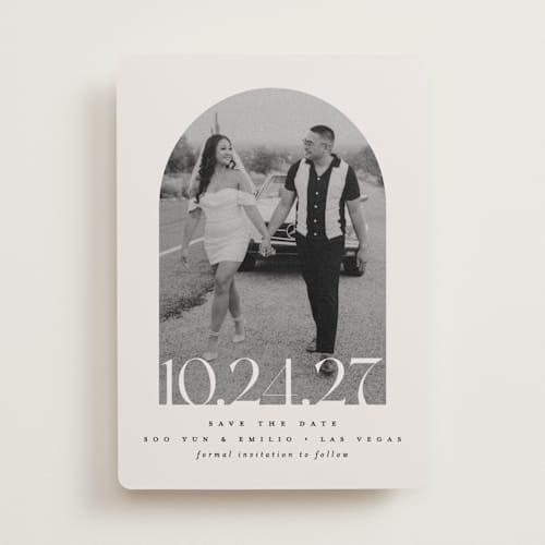 This is a latte save the date with standard by Brooke Chandler called era printing on recycled smooth signature in standard