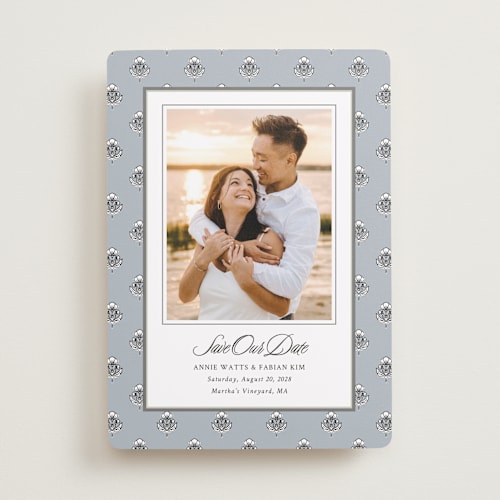This is a classic save the date with standard by Cindy Reynolds called sophisticated charm printing on recycled smooth signature in standard