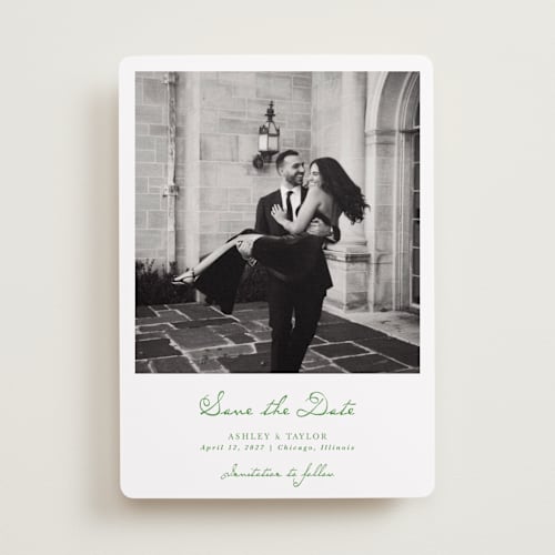 This is a fairytale save the date with standard by Cass Loh called swan crest printing on recycled smooth signature in standard
