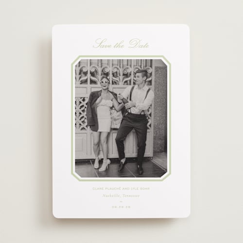 This is a mint save the date with standard by Sara Hicks Malone called montgomery printing on recycled smooth signature in standard