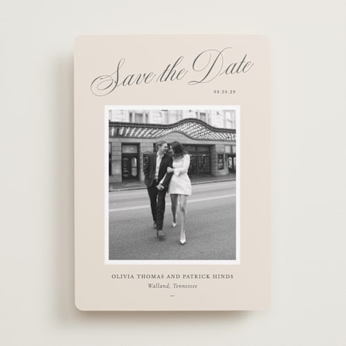 This is a champagne save the date with standard by Sara Hicks Malone called belle meade printing on recycled smooth signature in standard