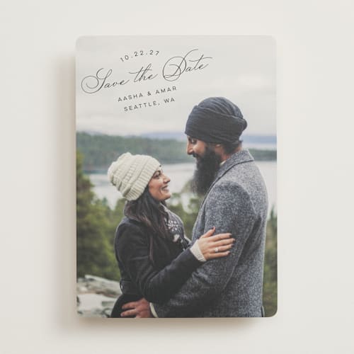 This is a smoke save the date with standard by Morgan Kendall called stamp printing on recycled smooth signature in standard