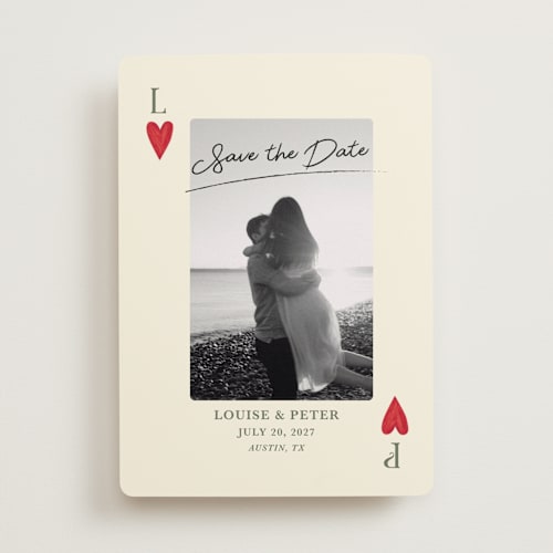 This is a olive save the date with standard by Helena Vitto called red hearts printing on recycled smooth signature in standard