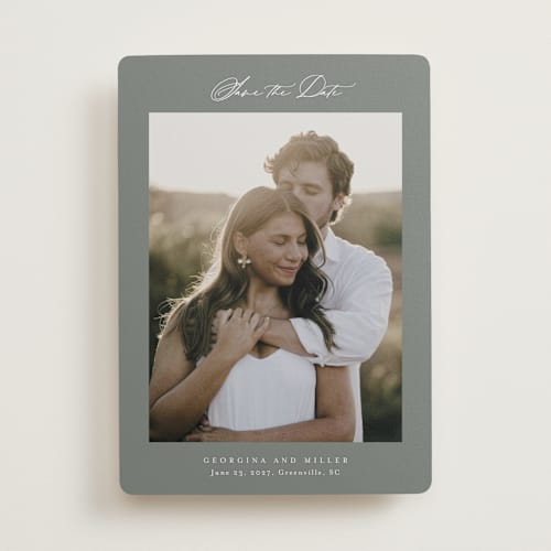 This is a sage save the date with standard by Stacey Meacham called modern air printing on recycled smooth signature in standard