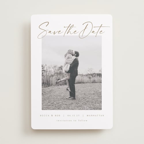 This is a ivory save the date with standard by AK Graphics called flash dance printing on recycled smooth signature in standard