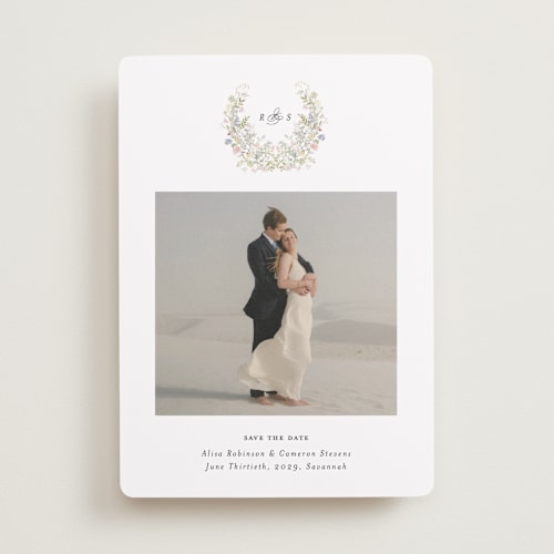 This is a sage save the date with standard by Lori Wemple called flowering arch printing on recycled smooth signature in standard