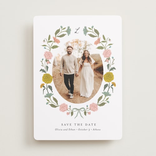 This is a swan save the date with standard by Lori Wemple called botanical cameo printing on recycled smooth signature in standard