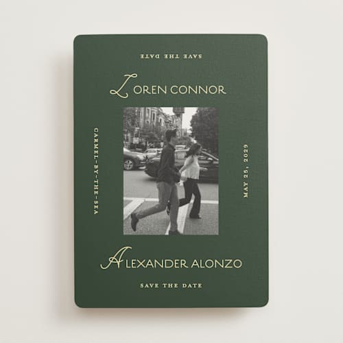 This is a citrus save the date with standard by Angela Quan called grid printing on recycled smooth signature in standard