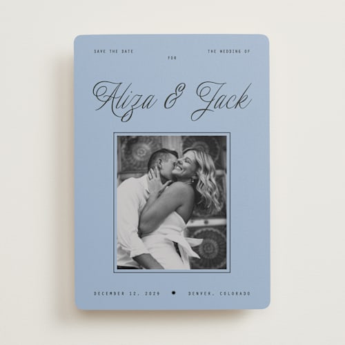 This is a sky save the date with standard by Blustery August called cheers printing on recycled smooth signature in standard