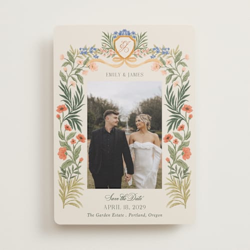 This is a garden save the date with standard by Elly called garden heirloom printing on recycled smooth signature in standard