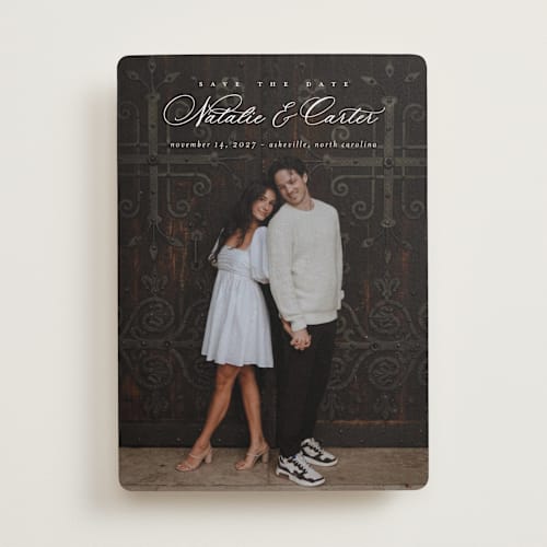 This is a sugar save the date with standard by Jessica Williams called tranquil printing on recycled smooth signature in standard