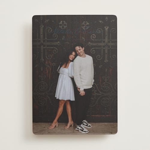 This is a midnight save the date with standard by Jessica Williams called tranquil printing on recycled smooth signature in standard