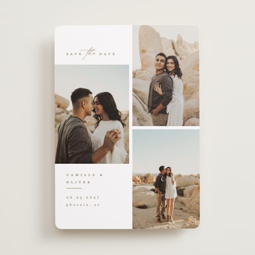 This is a cognac save the date with standard by Kristie Kern called our romance printing on recycled smooth signature in standard