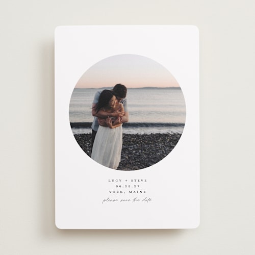 This is a cloud save the date with standard by mo kelley called focal printing on recycled smooth signature in standard