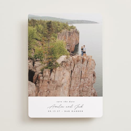 This is a snow save the date with standard by Kaydi Bishop called composition printing on recycled smooth signature in 5x7