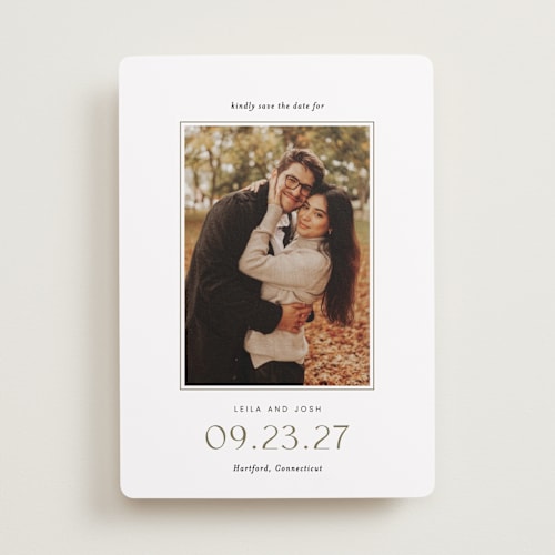 This is a olive save the date with standard by Sara Hicks Malone called brampton printing on recycled smooth signature in standard