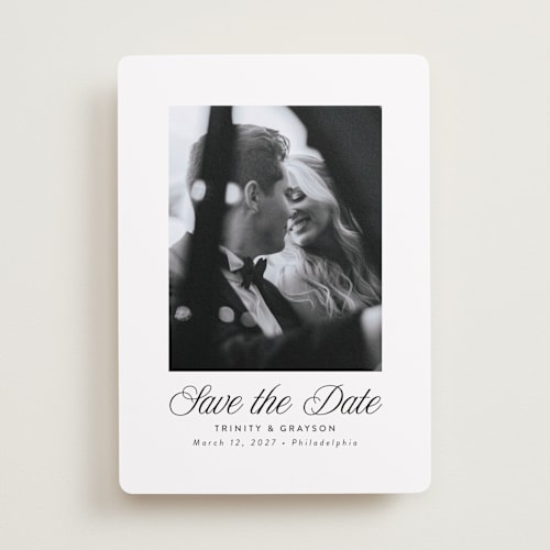 This is a tux save the date with standard by Susan Asbill called classically printing on recycled smooth signature in standard