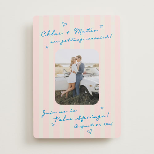 This is a pink grapefruit save the date with standard by Jackie Crawford called the right stripes printing on recycled smooth signature in standard