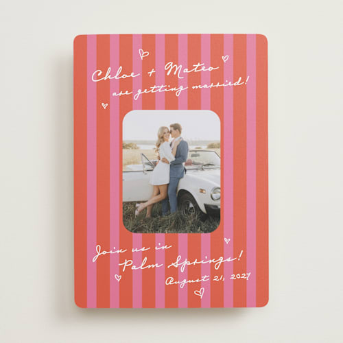 This is a candy save the date with standard by Jackie Crawford called the right stripes printing on recycled smooth signature in standard