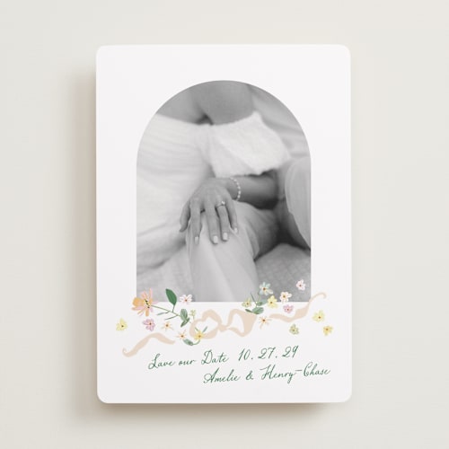 This is a spring save the date with standard by Phrosné Barwood called spring draped garland printing on recycled smooth signature in standard