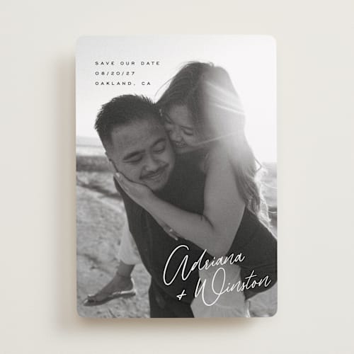 This is a cotton save the date with standard by Hooray Creative called adriana printing on recycled smooth signature in standard