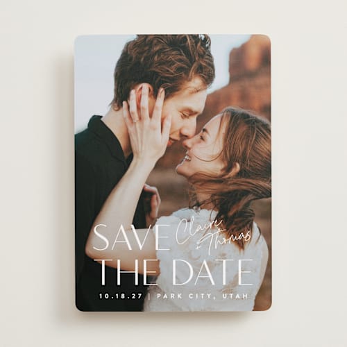 This is a cloud save the date with standard by Carolyn MacLaren called cover printing on recycled smooth signature in standard