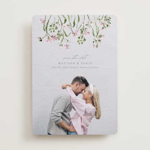 This is a petunia save the date with standard by Claudia Orengo called growing together printing on recycled smooth signature in standard