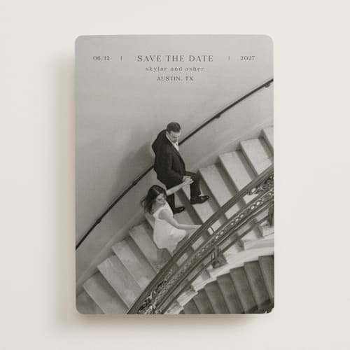 This is a noir save the date with standard by Tamara Hilje called in line printing on recycled smooth signature in 5x7